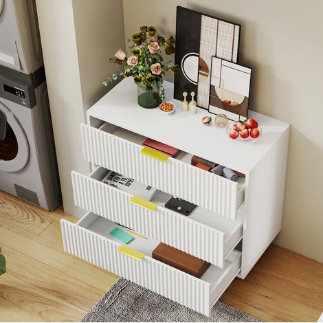 Commode en MDF blanc avec 3 tiroirs, façade relief, poignées et pieds métal doré 80 x 40 x 72 cm (1/5)