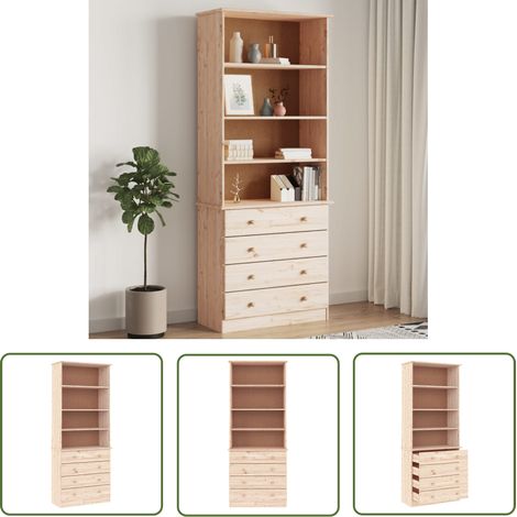 The Living Store Bibliothèque avec tiroirs ALTA 77x35x186,5cm bois massif de pin - Bibliothèque Rustique - Bibliothèque Design - Étagère Murale - Meuble Rangement - Bibliothéque Bois Massif (1/5)