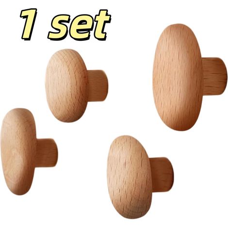 Lot de 4 crochets de rangement en bois massif 5 × 5 × 4 cm, installation sans perçage, gain de place, pour manteaux, chapeaux et serviettes, à fixer derrière les portes ou dans l’entrée, couleur bois (1/5)