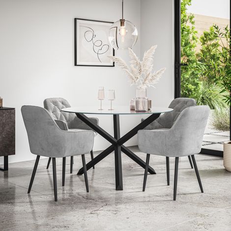 Malvern Round Dining Table And Chairs - Clear Glass Table Top w Solid Black Oak Legs + Anika Velvet Dining Chair Set Of 4 (Grey) (1/5)