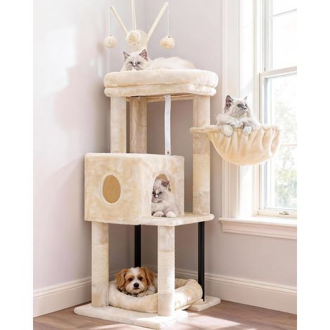 Arbre à Chat 115 cm pour Chats d’Intérieur, Tour avec Grande Plateforme, Niche Cachée, Hamac, Lit Douillet, Poteaux à Griffer, 3 Pompons, Meuble pour Chat, Beige HCT202SM (1/5)