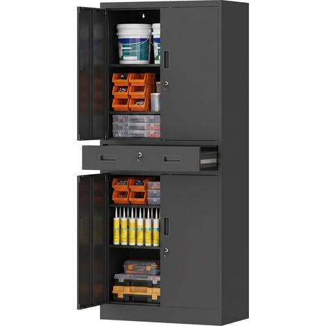 Metallschrank 180 cm, Werkzeugschrank mit abschließbaren Türen, Schublade und verstellbaren Böden, Schwarz (1/5)