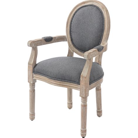 Chaise de Salle à Manger Chaise de Salon médaillon Style Louis XVI Bois Massif patiné sculpté Tissu Lin Gris (1/4)