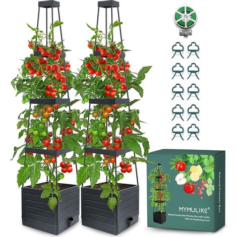 Obélisque avec jardinière, Lot de 2 tuteur pour Plantes d'intérieur, avec jardinière Beau Support de Plantes en métal, Cadeau Jardinière surélevée en Plastique Noir (1/5)