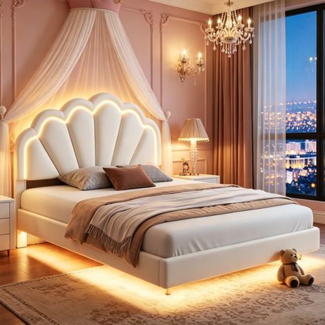 VASIEN – Lit simple 140x200 cm - lit enfant - lit double flottant rembourré- avec éclairage LED - tête de lit coquillage - velours - sommier à lattes - lit adulte - lit princesse - Beige (1/5)