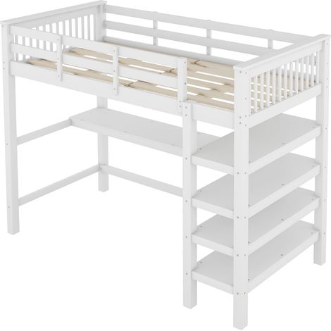 Cama alta infantil 90 x 200 cm con escritorio y estanterías, blanca, MODENUIT (1/5)