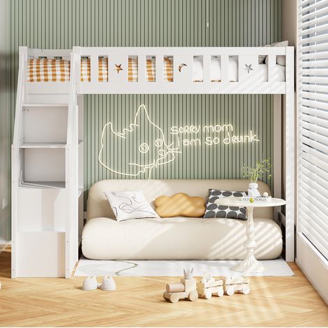 Cama alta de madera de pino blanco de 90x200 cm con escalera de almacenamiento, estantes y base de láminas. (1/5)