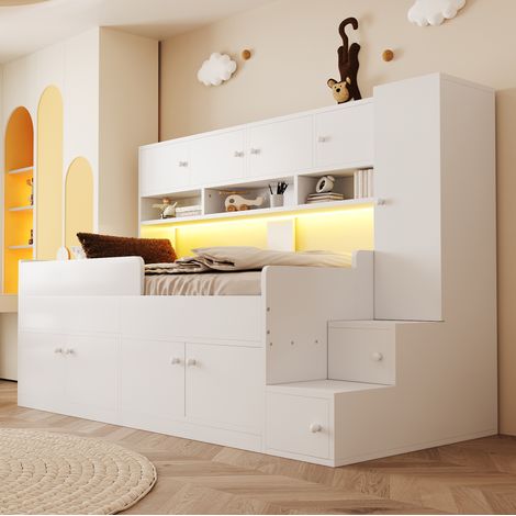 Cama infantil (238x96x150 cm), con almacenaje integrado, escalera lateral con espacio, madera, blanca (1/5)