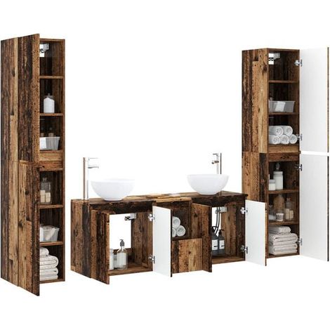 Ensemble Meuble de Salle de Bain 5 Pièces, Style Rétro en Bois, Armoire avec Lavabo et Miroir, Mobilier de Toilette Vintage pour Maison (1/5)