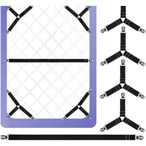 [4+2] lot de 2 sangles droites pour draps au milieu et 4 clips élastiques triangulaires pour les coins, attaches réglables avec clips métalliques (1/3)