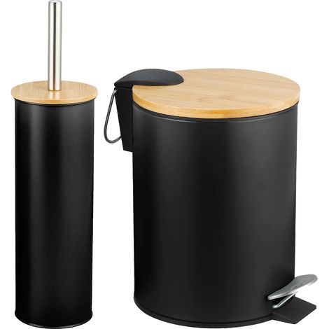 juego de soporte para papelera y escobilla de baño, acero y bambú, negro, Ø168 x 230 mm, baño
