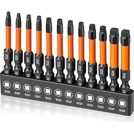 Lot de 12 embouts de tournevis carrés de 50 mm de long en acier S2 1/4" Embouts de tournevis carrés magnétiques pour visseuse sans fil Taille 0, 1, 2, 3 et 4 (1/5)