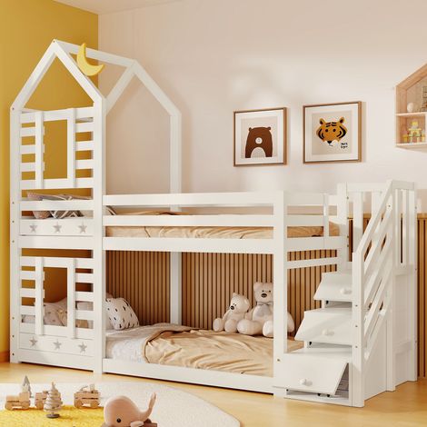 Lit superposé enfant cabane 90x200 cm blanc, lit maison avec barrières de sécurité, escalier avec rangements, 2 tiroirs, 2 sommiers inclus, sans matelas (1/5)