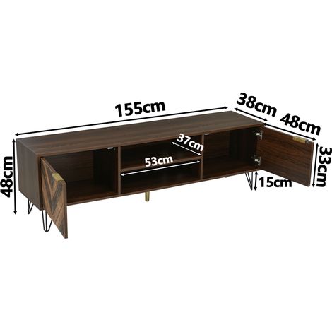 Meuble TV bas 2 portes en bois massif plaqué, rangement 2 compartiments, poignées dorées, pieds en fer, meuble téléviseur élégant. (1/5)