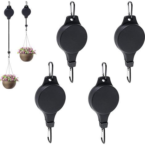 Einziehbare Hängepflanzenstütze mit Flaschenzugsystem zum einfachen Auf- und Abhängen von Pflanzen, Hängeampeln und Vogelfutterhäuschen (4er-Set, schwarz) (1/5)
