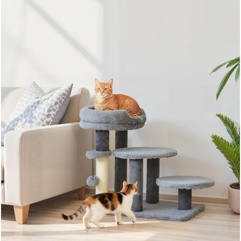 Arbre à chat et escalier pour chat, base large, en peluche, poteau en sisal, gris OKMYHOME (1/5)