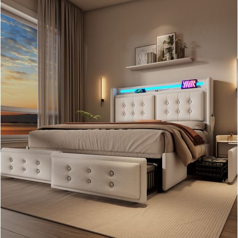 Cama tapizada 140x200 cm beige de algodón-lino con cabecero LED, USB-C y 4 cajones, con colchón (1/5)