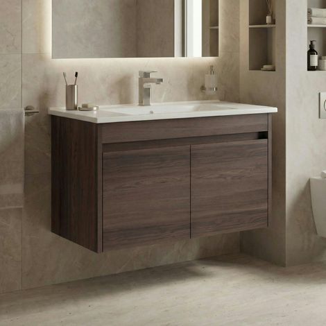Meuble vasque suspendu 85 cm décor bois foncé 2 portes MOANA (1/5)
