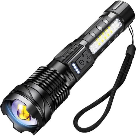 Lampe torche puissante rechargeable 4500 mAh, éclairage extérieur multifonction COB avec 7 modes, avertisseur rouge/bleu et charge rapide USB-C (1/4)