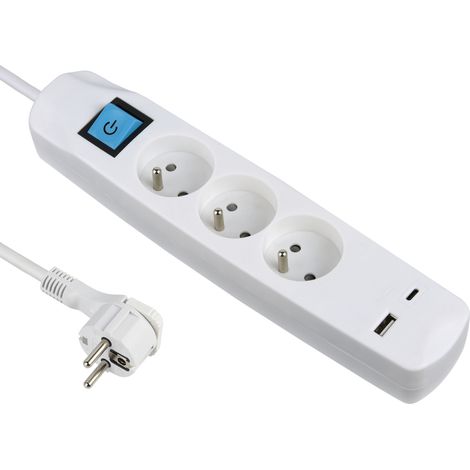 Bloc Multiprise 3 Prises Françaises + 2 USB 3.4A 17W A + 1 Type C, Avec Interrupteur, Fiche Extra Plate 90° 16A, Câble 1.5M, Blanc (1/5)