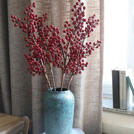 Décoration de Noël : branche de baies artificielles rouges à faire soi-même, fleurs et feuilles en plastique, pour Noël. (1/2)
