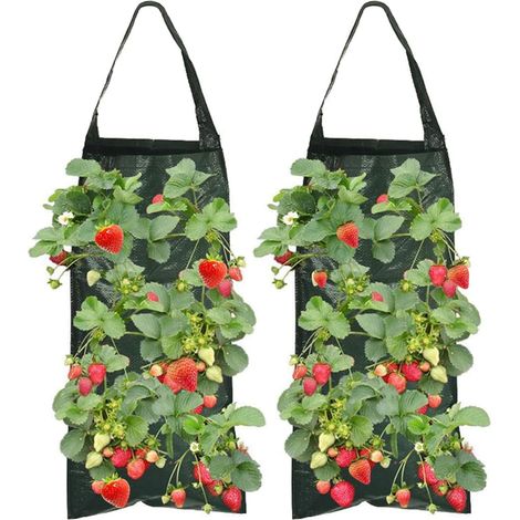 Lot de 2 sacs verticaux en polyéthylène à suspendre avec 8 trous pour la culture de fraises avec poignées pour jardinage en plein air, herbes, légumes (1/5)
