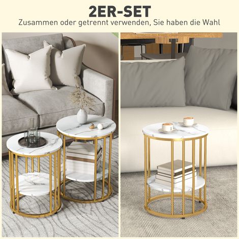 Lot de 2 tables basses rondes en marbre blanc avec étagère de rangement et piètement métallique