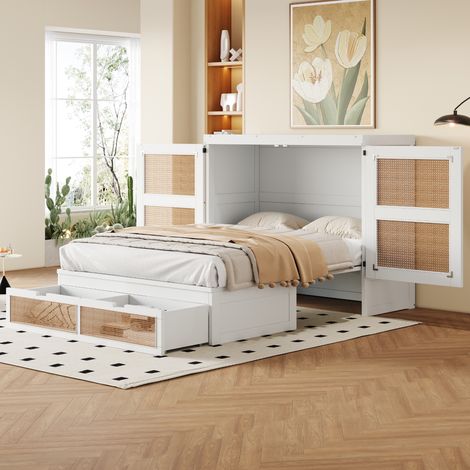 Lit escamotable en bois blanc 140x200 cm, avec tiroirs de rangement, design rotin (1/5)
