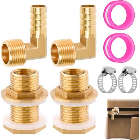 Accesorios para tanque de agua, accesorios de latón para tanque: 2 accesorios AG 1/2" x IG 3/8" + 2 codos de latón para manguera + 2 abrazaderas para manguera + 2 rollos de cinta de teflón (1/5)