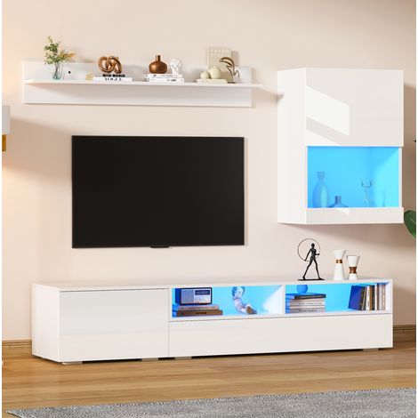 meuble tv mural rangement LED 175 cm blanc brillant HAVRYA (1/5)