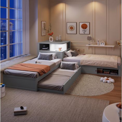 Letto 90x200 con letto estraibile, vani contenitore scorrevoli e luce notturna grigio DESVIAE (1/5)