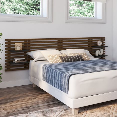 Cabecero de listones de madera envejecida AVA 240 CM con estantes negros