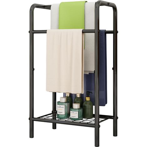 3-Tier Freestanding & Wall Mounted Towel Rack, Anti-Rust Metal Towel Rail with Storage Shelf, Multi-Purpose Bathroom Organizer for Hand Towels & Washcloths (1/5)