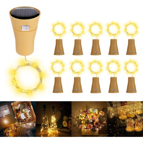 Guirlandes Lumineuses LED Solaire Bouchon de la Bouteille, 1m 10 LEDs Fil de Cuivre Lumière Décorative pour DIY Bouteille/Bar//Chambre/Mariage/Noël/Fête - Blanc Chaud Lot de 10 (1/5)