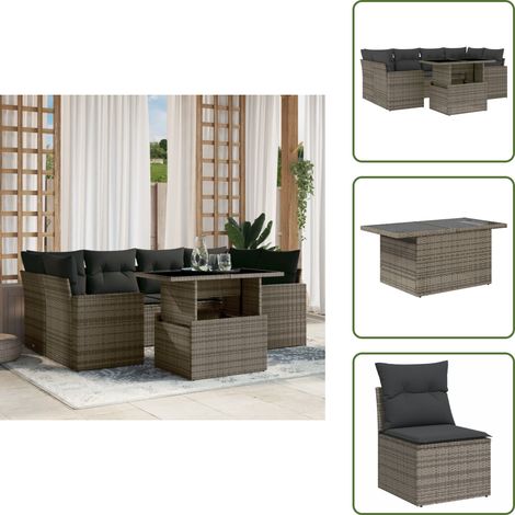The Living Store 7-tlg. Garten-Sofagarnitur mit Kissen Grau Poly Rattan - Gartenmöbel Set - PE-Rattan Möbel - Outdoor Lounge - Gartenlounge - Terrassenmöbel (1/5)