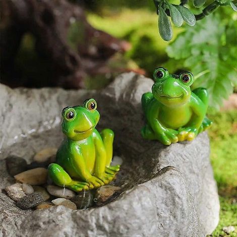 Lot de 2 grenouilles en résine faites à la main, figurines d'animaux grenouilles vertes de dessin animé, décoration pour aquarium/pot de fleurs, décoration intérieure ( ) (1/5)