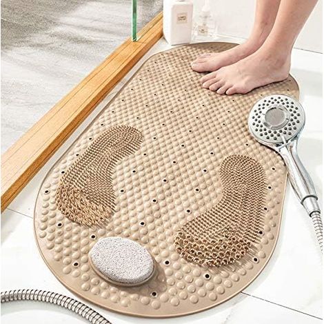 Tapis de douche extra-large pour les pieds - Tapis de bain exfoliant et massant avec trous d'évacuation, surface antidérapante, beige (1/5)