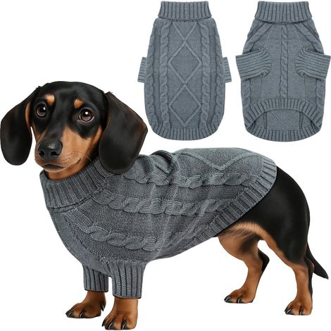 Pull Tricoté pour Chien et Chat Vêtement d'hiver Chaud et Élastique pour Animaux de Compagnie Chandail à Torsades Confortable Gris (1/5)