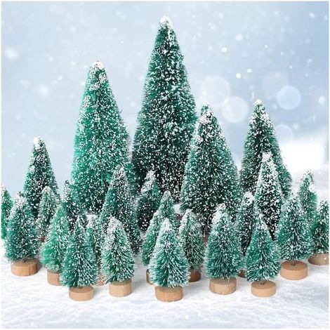 Lot de 24 mini sapins de Noël artificiels de table - Avec base en bois et neige givrée - Décoration de Noël (1/5)