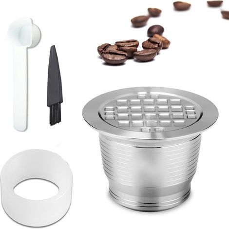 Kompatibel mit Nespresso Edelstahl-Kaffeekapseln, wiederverwendbare und nachfüllbare Kaffeekapsel-Tassenfilter mit Bürste, Löffel und Pulverpressring (1/5)