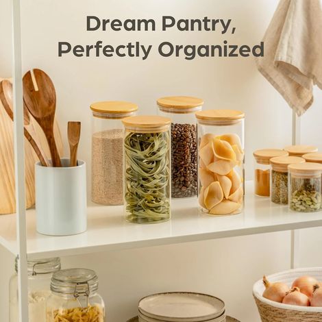 (4 x 35 oz) Bocaux de rangement en verre avec couvercles en bambou, adaptés pour conserver les épices, la farine, les flocons d'avoine, les biscuits et les grains de café dans la cuisine. (1/5)