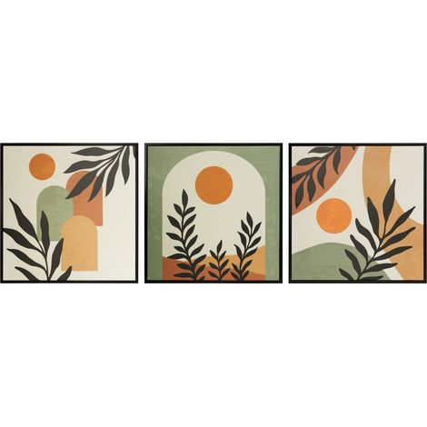 Conjunto de 3 lienzos en tonos verdes y naranjas, con marco negro 40x40cm