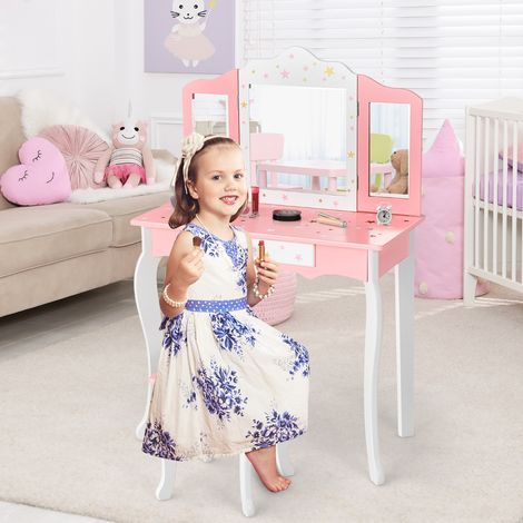Ensemble Coiffeuse et Tabouret Enfants, Miroir à 3 Volets Amovible, Table de Maquillage avec Tiroir Rose CW46538 (1/3)