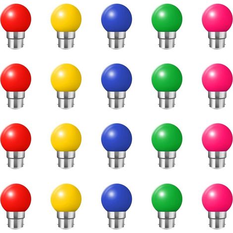 Ampoules à baïonnette B22-Paquet de 20 Ampoule à DEL Feston 1W,Ampoule (équivalent 10W) à économie d'énergie bleue Golfball, Petites ampoules de Noël BC Cap,Rouge, Jaune, rosa, verte, Bleu, Incassable (1/5)