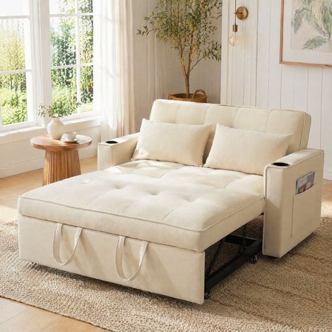 Canapé convertible 2 places velours beige OKMYHOME (1/5)
