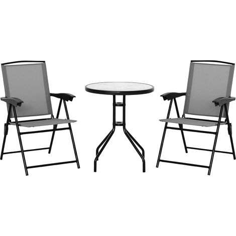 Set da giardino composto da 3 pezzi: 2 sedie pieghevoli reclinabili multiposizione, tavolo rotondo in vetro temperato, struttura in metallo e textilene grigio. (1/5)