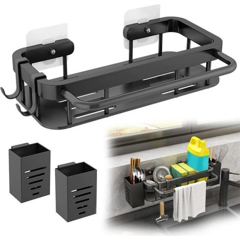 CSPARKV Organisateur Evier Cuisine Inoxydable, Porte Eponge Evier Cuisine, Rangement Eponge Evier Cuisine Noir, avec 2 Repose Baguettes, Organiseur Evier Cuisine pour Cuisine, Salle de Bain (Noir) (1/5)