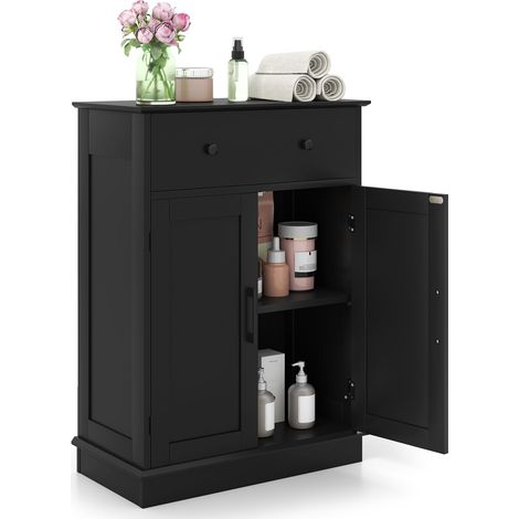 COSTWAY Armadietto da Terra 56 x 30 x 80 cm, Mobile da Bagno con Ante, Cassetto e Ripiano Regolabile, Mobiletto Salvaspazio per Soggiorno, Cucina e Sala da Pranzo (Nero) (1/5)