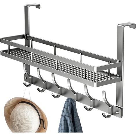 Range-Porte De Rangement Suspendu Avec Panier Et Crochets, Rack Acier Support De Porte pour vêtements, sac, clés, peignoir, serviette, salle de bain, cuisine, chambre (1/5)