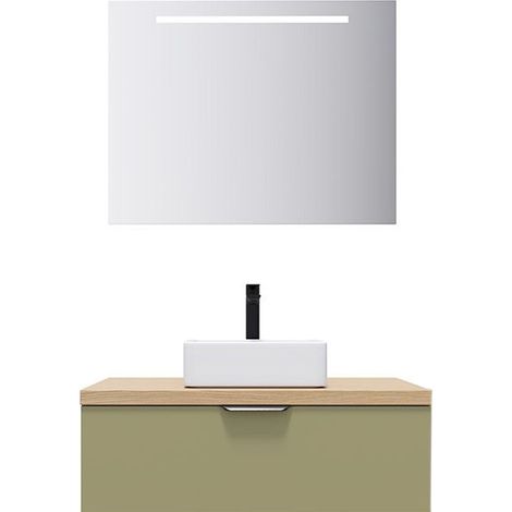 Meuble de salle de bain suspendu vasque à poser 90cm 1 tiroir Vert olive + miroir - Soho (1/5)